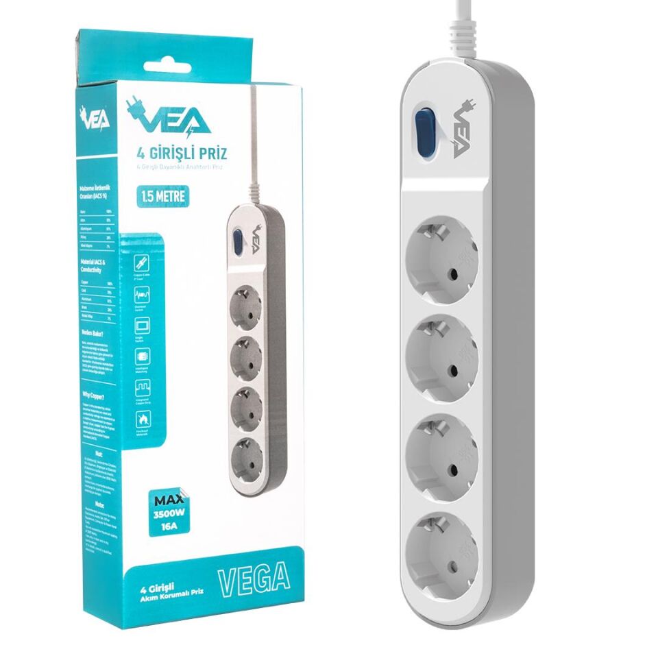 Vea VE-VEGA104 Grup Priz 4 Lü Akım Korumalı Priz Anahtarlı 3500 Watt 16 Amper Uzatma Kablo 1.5 Metre