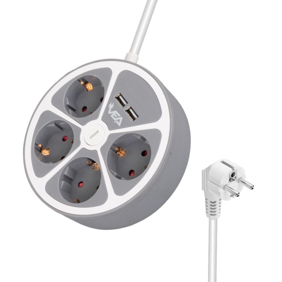 Ayt Vea Ve-G604YU 4 lü Grup Priz 1.5 Metre Uzatma Kablosu Usb li Yuvarlak 3680 Watt 16 Amper Destekli Isınmaz Priz
