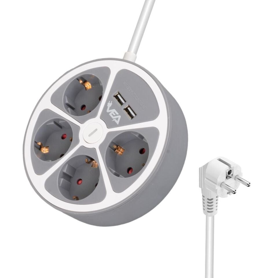 Vea Ve-G604YU 4 lü Grup Priz 1.5 Metre Uzatma Kablosu Usb li Yuvarlak 3680 Watt 16 Amper Destekli Isınmaz Priz