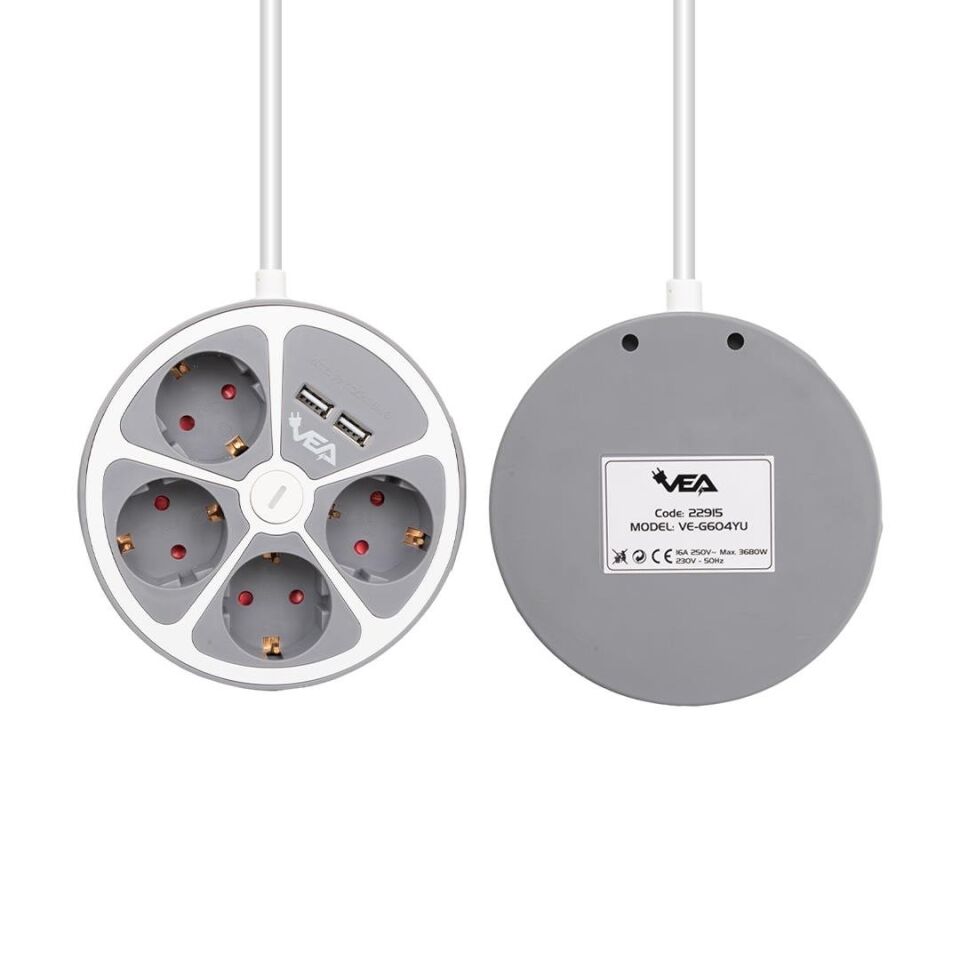 Ayt Vea Ve-G604YU 4 lü Grup Priz 1.5 Metre Uzatma Kablosu Usb li Yuvarlak 3680 Watt 16 Amper Destekli Isınmaz Priz