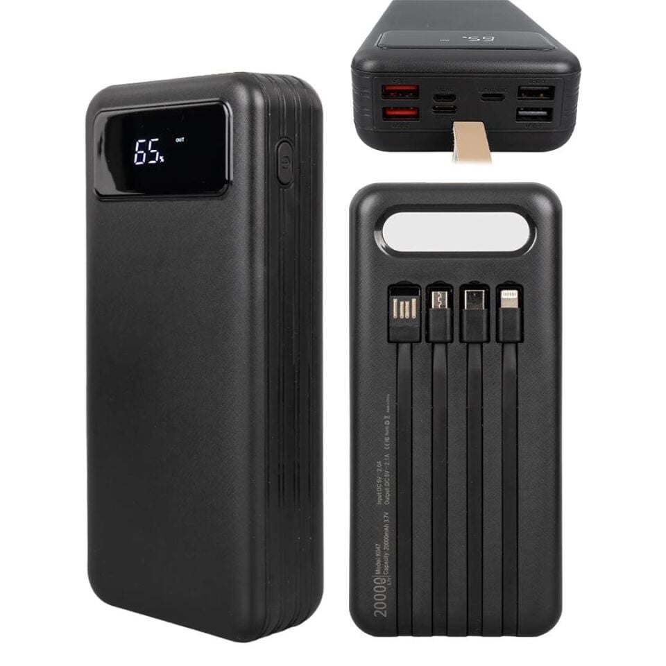 Ayt Powermaster K047-20 20000mAh Dijital Göstergeli Usb Micro Lightning Type-C Kablolu Fenerli Powerbank Güç Kaynağı