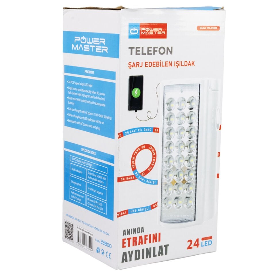 Powermaster Telefon Şarj Edebilen 24 Ledli Çok Fonksiyonlu Şarjlı Işıldak Powerbank Özellikli Kamp Aydınlatması Lambası