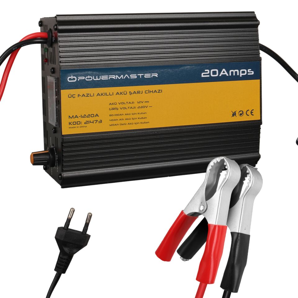Powermaster Ma-1220A 12 Volt 20 Amper Akıllı Akü Şarj Cihazı Aleti Otomatik 12V-20A Oto Araç Karavan Uyumlu