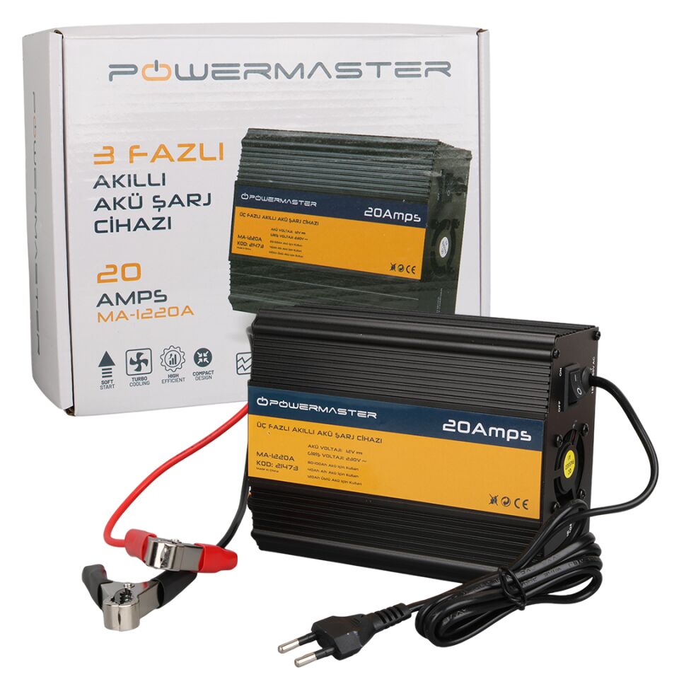 Powermaster Ma-1220A 12 Volt 20 Amper Akıllı Akü Şarj Cihazı Aleti Otomatik 12V-20A Oto Araç Karavan Uyumlu