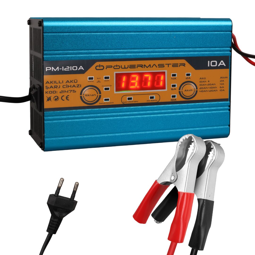 Powermaster DC-1210A 12 Volt Max 10 Amper Digital Ekranlı Akıllı Akü Şarj Cihazı Aleti Oto Araç Karan Uyumlu