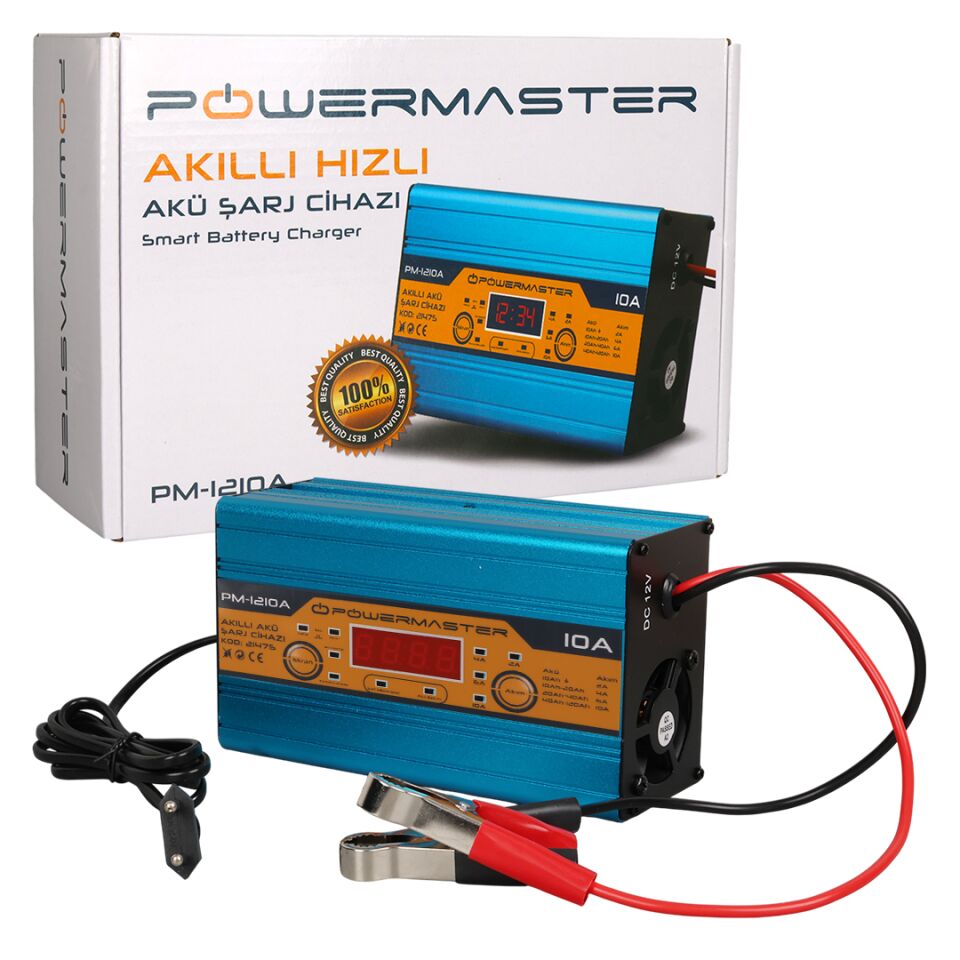 Powermaster DC-1210A 12 Volt Max 10 Amper Digital Ekranlı Akıllı Akü Şarj Cihazı Aleti Oto Araç Karan Uyumlu