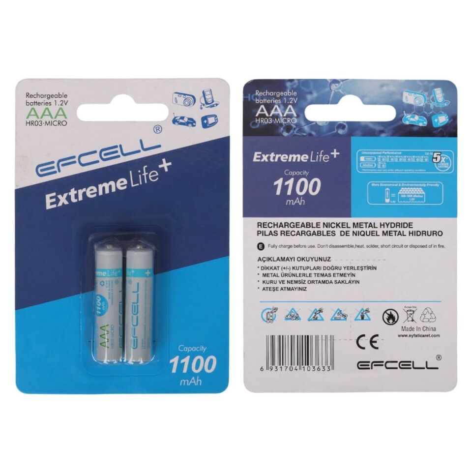 Efcell Extreme Life+ 1.2 Volt 1100Mah AAA İnce Şarjlı Pil 2'Li Paket