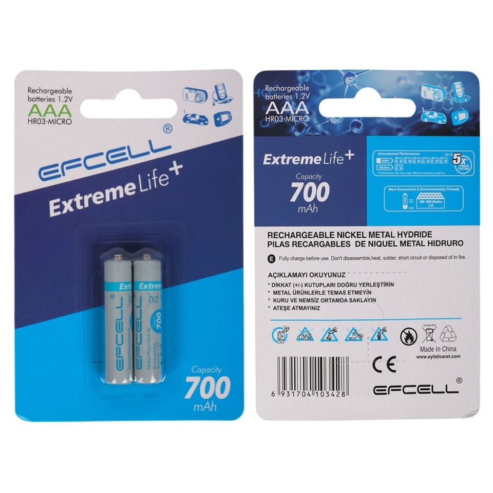 Efcell Extreme Life+ AAA 700Mah 1.2V Şarj Edilebilir Ni-MH Pil (2'Li Paket)