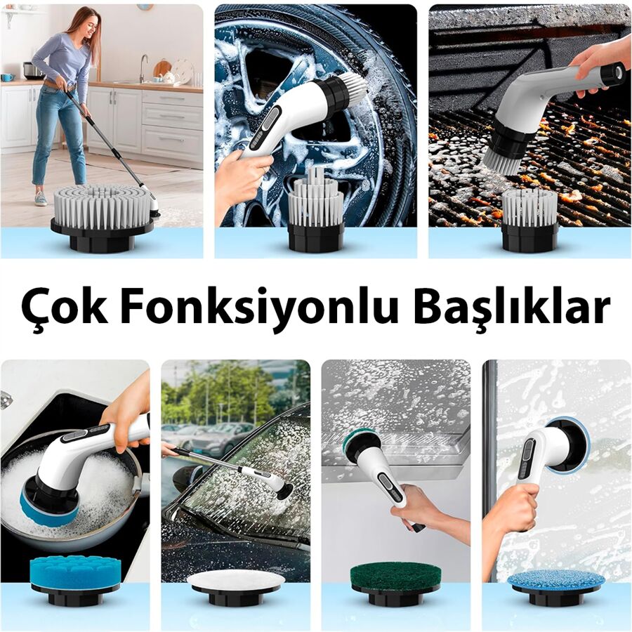 Sunup SN-26239 9'U 1 Arada Çok Amaçlı Kablosuz Şarjlı Temizlik Fırçası IP67 Yıkanabilir Başlık
