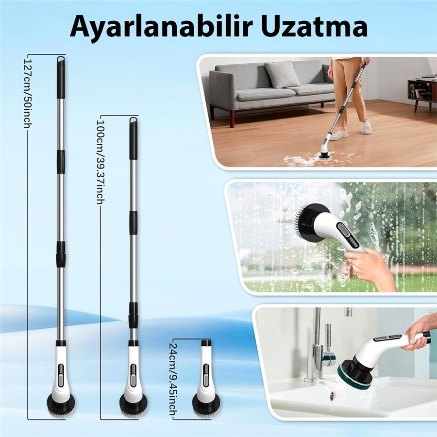 Sunup SN-26239 9'U 1 Arada Çok Amaçlı Kablosuz Şarjlı Temizlik Fırçası IP67 Yıkanabilir Başlık