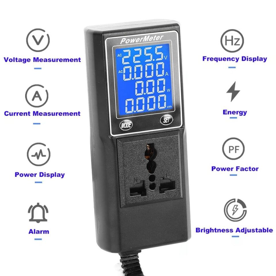 Ayt Powermaster PM-26400 Volt Amper Watt Hz Güç Ölçer Dijital Ekranlı Powermeter Universal Priz Tip