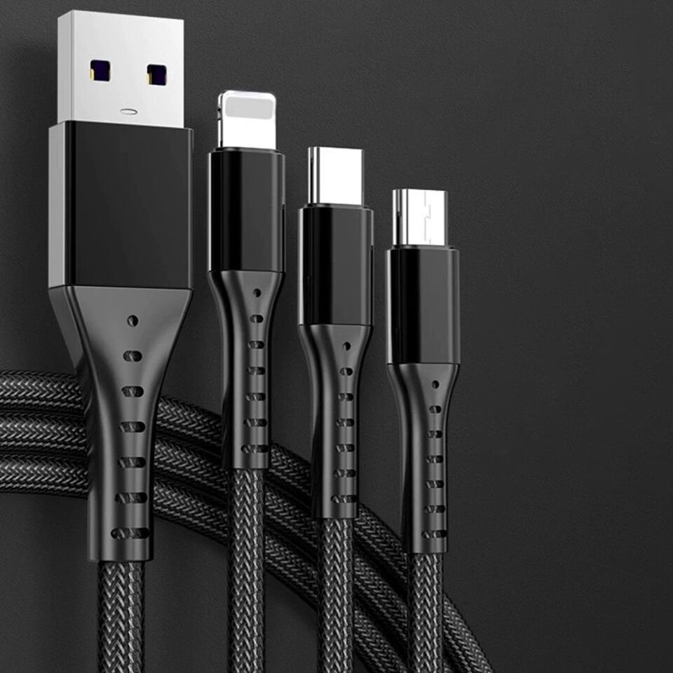 Ayt Powermaster 3 İn 1 Siyah 1.2 Metre Type-c Micro Lightning İphone Şarj Data Kablosu