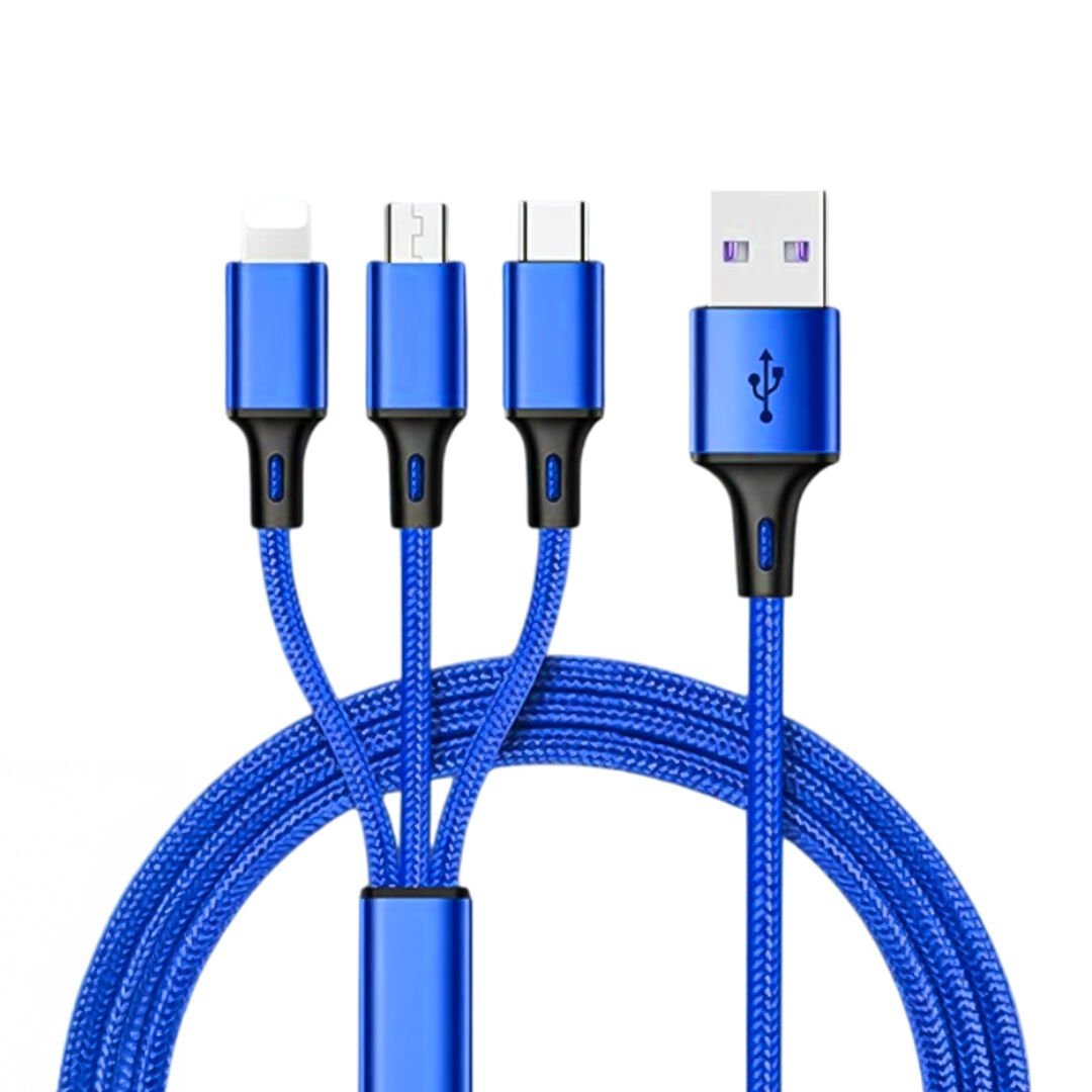Ayt Powermaster 3 İn 1 Mavi 1.2 Metre Type-c Micro Lightning İphone Şarj Data Kablosu