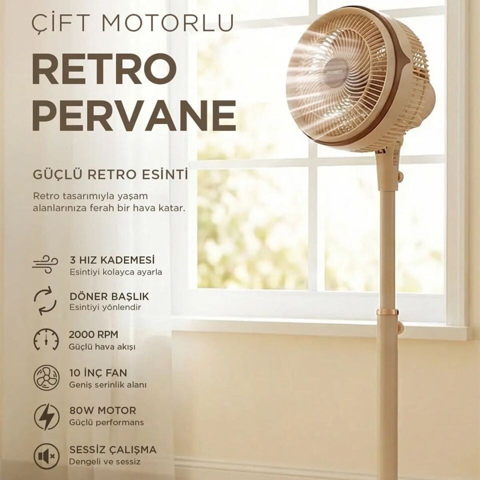 Everest FAN13 Olympos Air Krem/Gold 10'' 80W 3 Hız Kademeli 2000RPM Çift Motorlu Retro Vantilatör