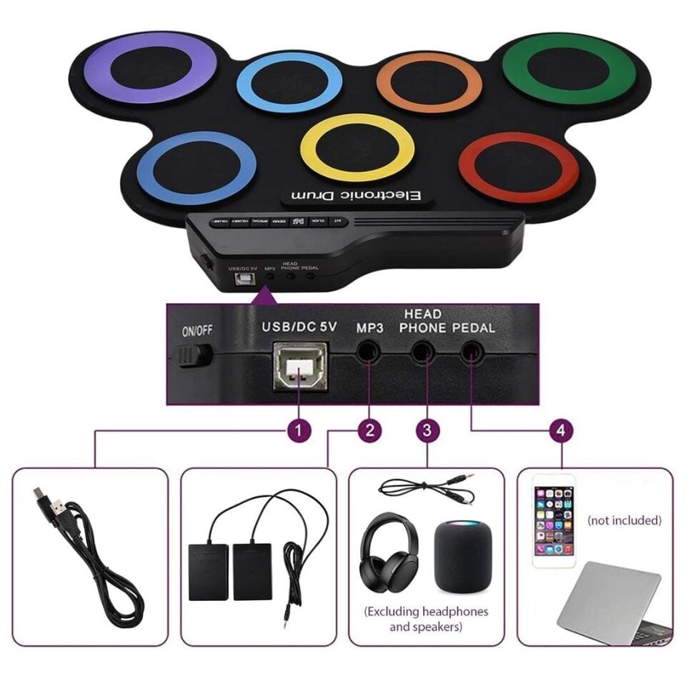 Ayt Magicvoice G3002 Elektronik Bateri Roll UP Davul Matı Kiti 7 Ped Çocuk Müzik Aleti Trampet