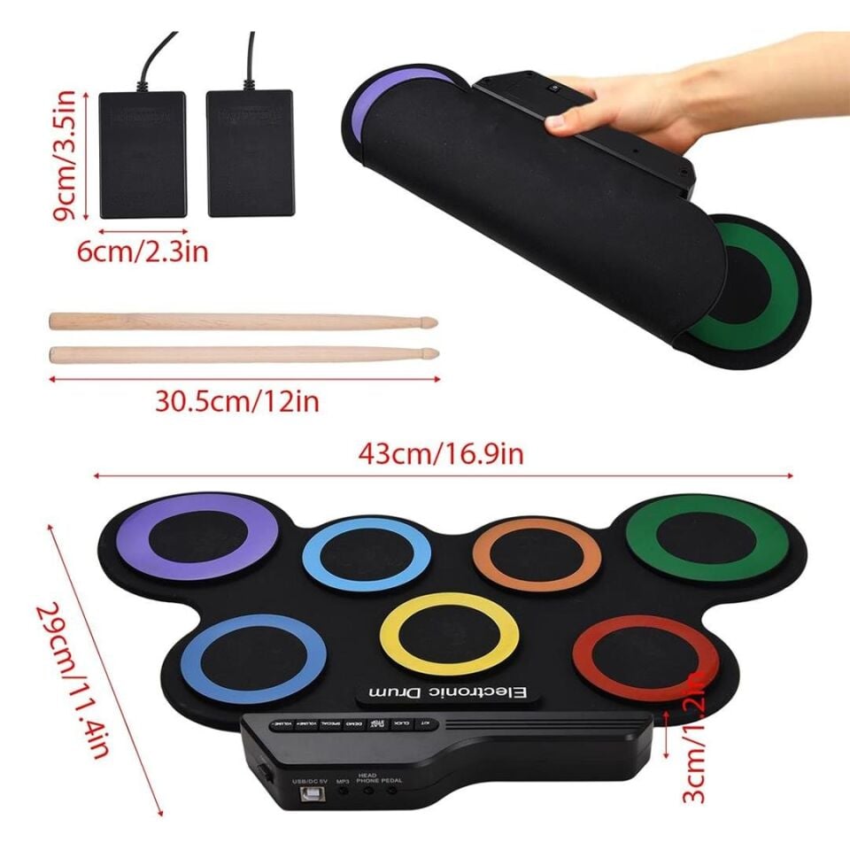 Ayt Magicvoice G3002 Elektronik Bateri Roll UP Davul Matı Kiti 7 Ped Çocuk Müzik Aleti Trampet