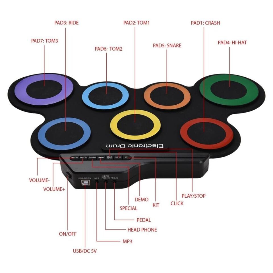 Ayt Magicvoice G3002 Elektronik Bateri Roll UP Davul Matı Kiti 7 Ped Çocuk Müzik Aleti Trampet