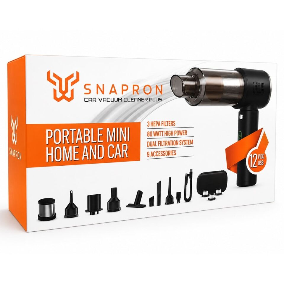 Snapron SNV-3002 80W 7.4V Şarjlı Mini Araç Ve Ev Süpürgesi + Çift Filtrasyonlu Çok Fonksiyonlu Temizlik Seti