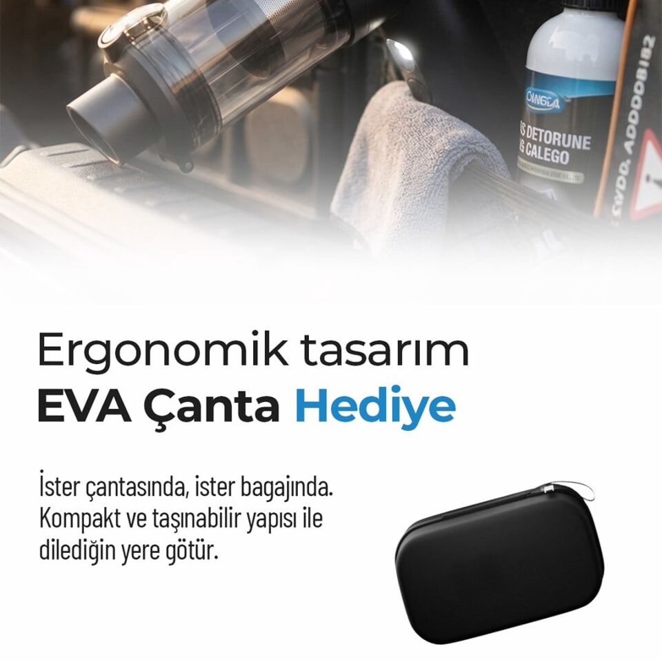 Snapron SNV-3001 100W 17000PA Şarjlı Mini Araç Ve Ev Süpürgesi + EVA Taşıma Çantalı Çok Fonksiyonlu Set