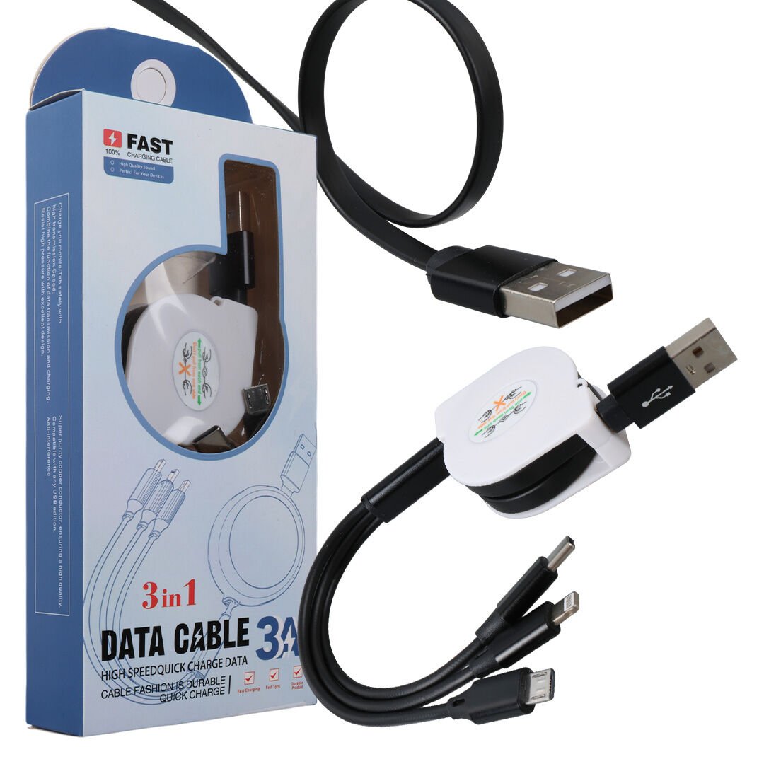 Ayt Powermaster 3 İn 1 Siyah Şarj Data Kablosu Makaralı Type-c Micro Lightning İphone Şarj Kablo