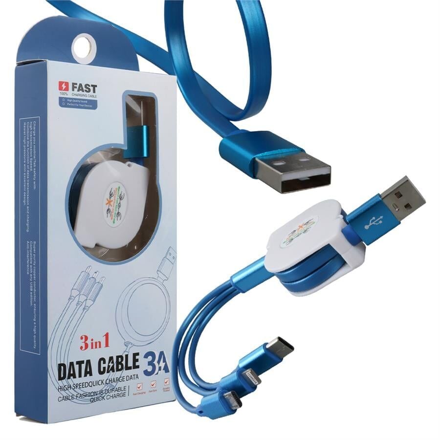 Ayt Powermaster 3 İn 1 Mavi Şarj Data Kablosu Makaralı Type-c Micro Lightning İphone Şarj Kablo