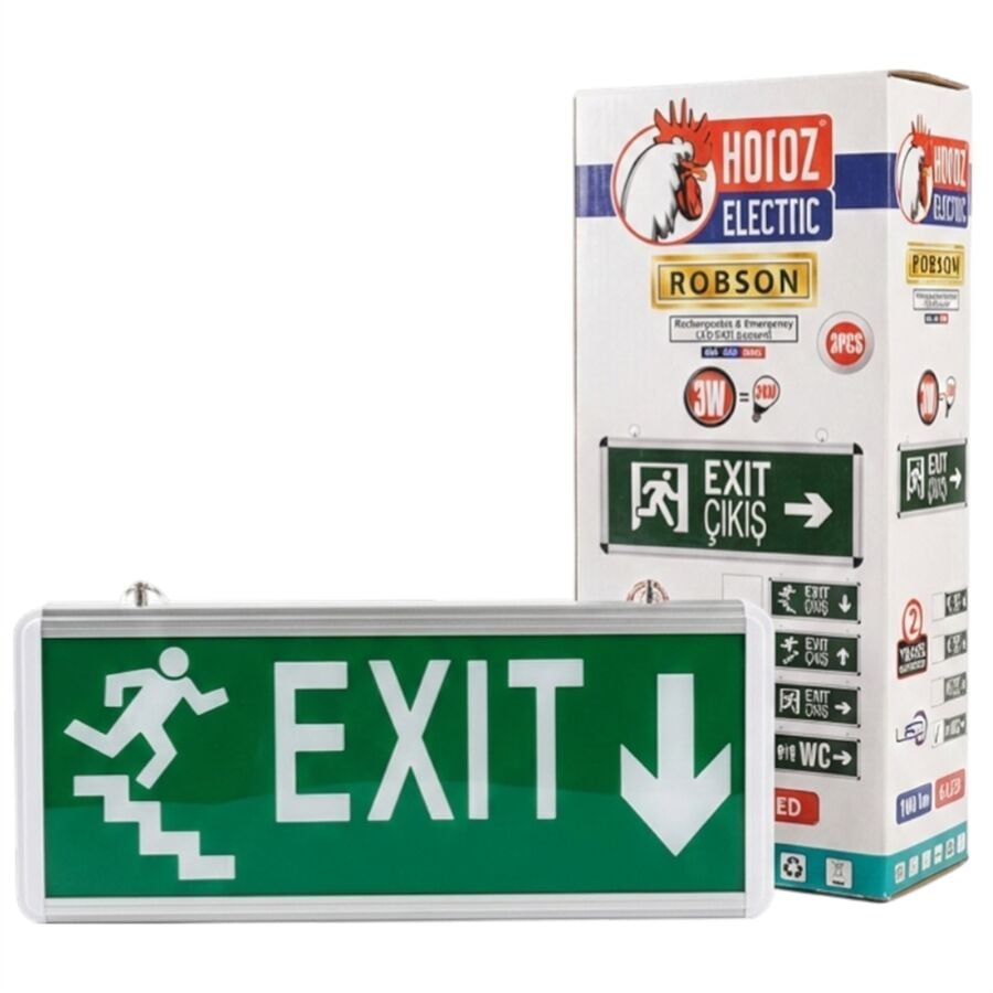 Horoz Robson 3W 160 Lümen Şarjlı Acil Merdiven Aşağı Çıkış Exit Levhası (2'Li Paket)