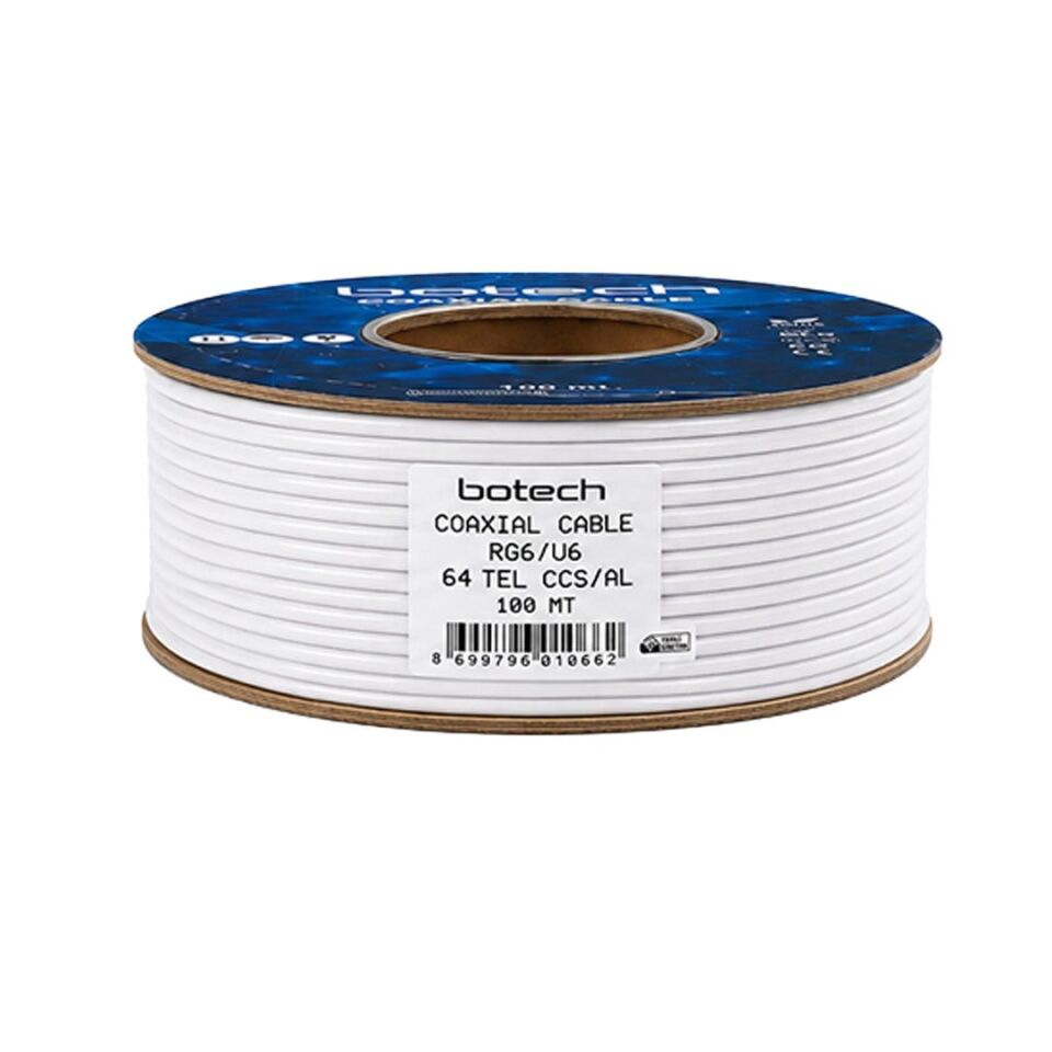 Botech RG6/U4 0.90 Mm 64X0.12 Tel CCS Makaralı Yerli Üretim Anten Kablosu 100 Metre