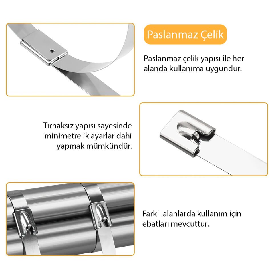 Ayt Powermaster 304 Paslanmaz Çelik Kablo Bağı 7.9x500 Mm 100 Lük Paket Klip Klemens Çırt