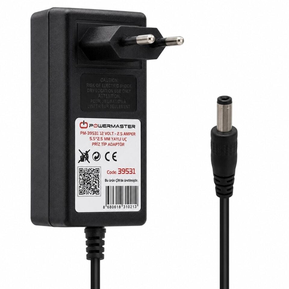 Powermaster PM-39531 Siyah 12 Volt - 2.5 Amper Plastik Kasa 5.5*2.5 Mm Yaylı Uç Priz Tipi Adaptör