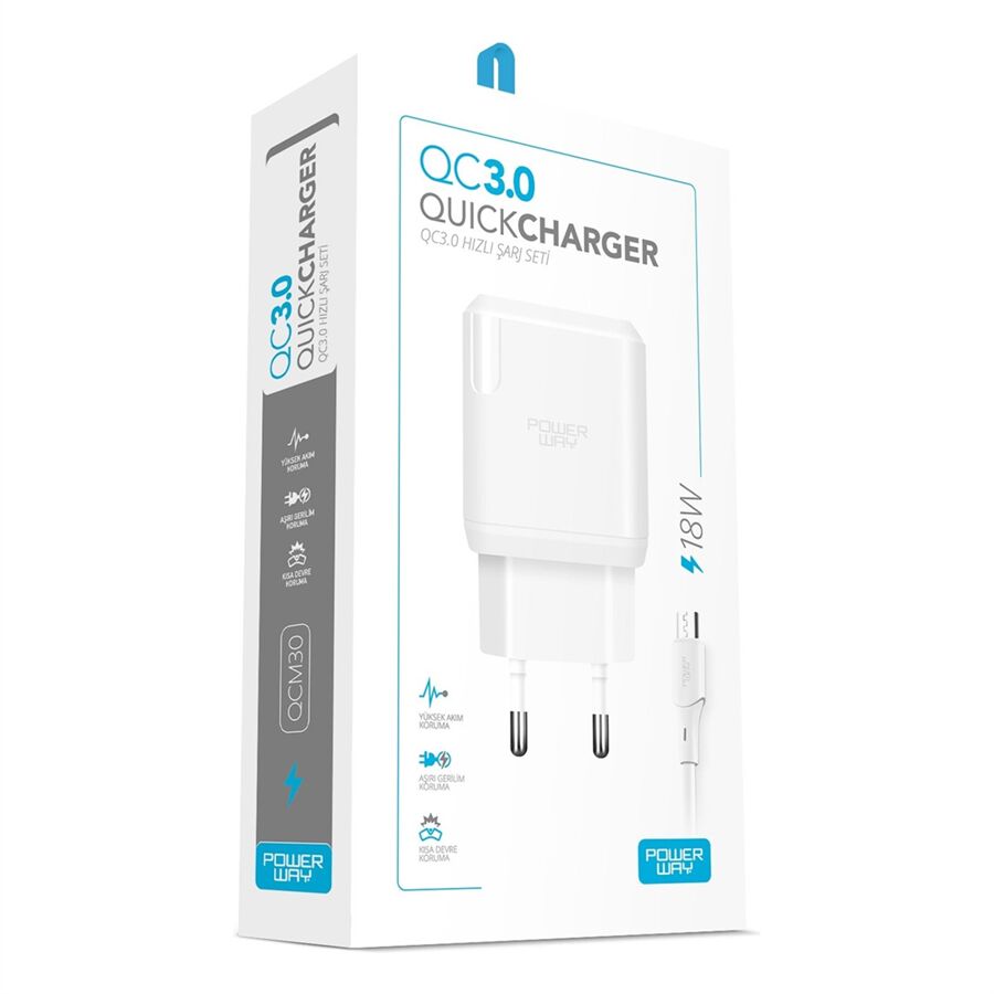 Powerway QCM30 18W Hızlı Şarj Adaptörü + Micro USB Kablo Seti