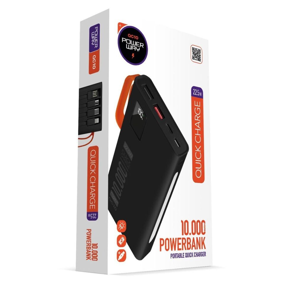 Powerway QC10-PD 10.000 Mah Dahili Kablolu Ve Fenerli Hızlı Şarj Power Bank