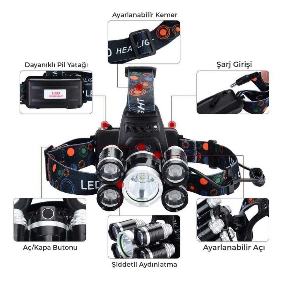 Powermaster MX-501 5 Power Ledli Su Geçirmez 18650 Şarj Edilebilir Kafa Feneri