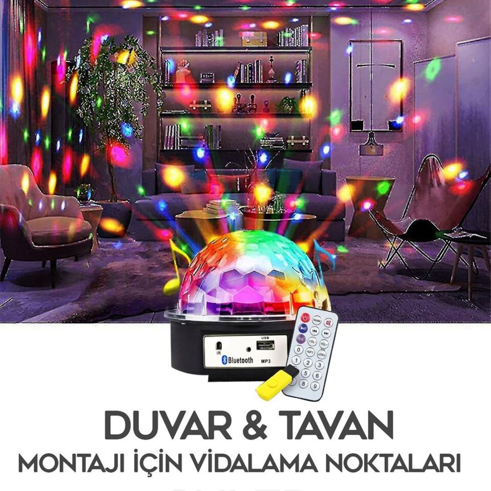 Ayt Ledx GM-0803B Sihirli Led Dönen Disko Topu Hoparlör Kablosuz USB Mp3 Bluetooth Kumandalı 360 Derece Gece Lambası