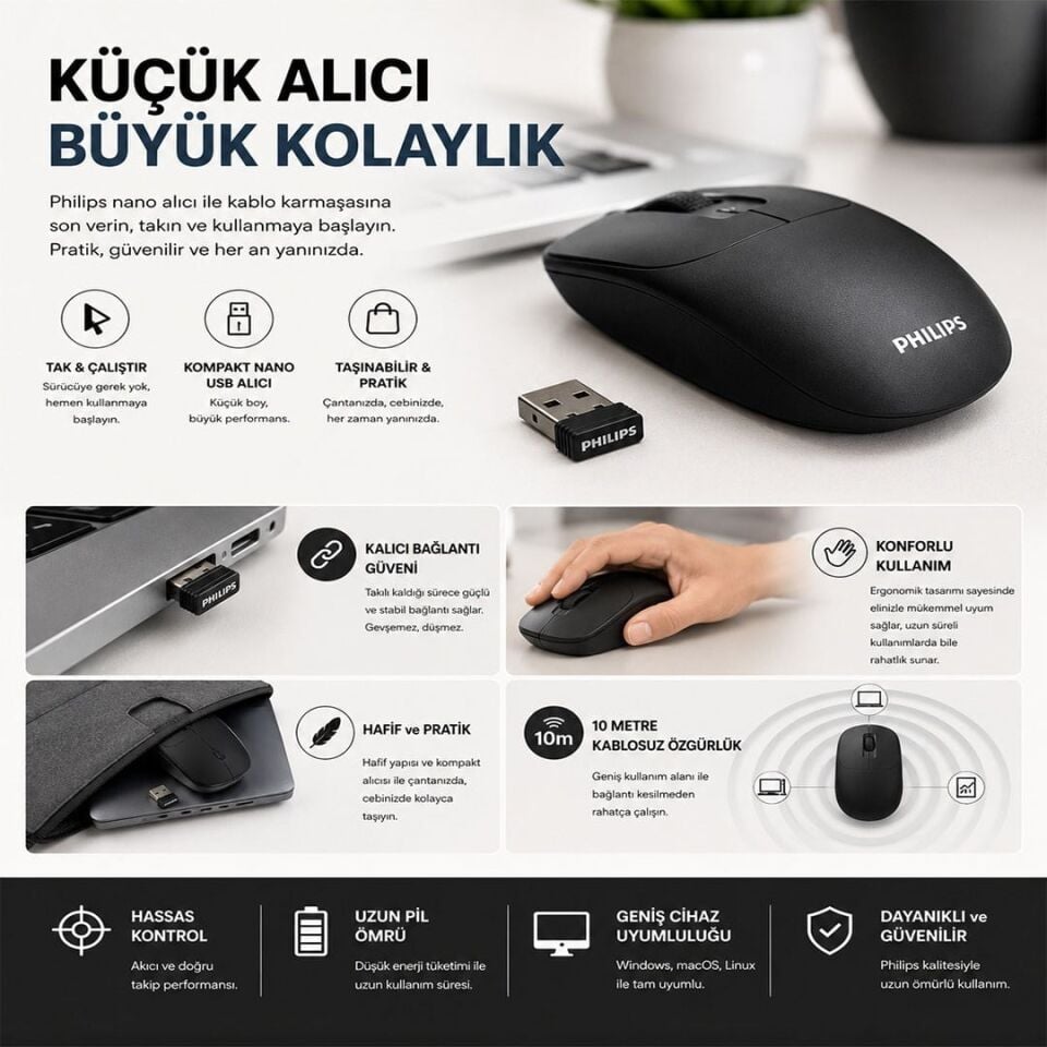 Philips SPK7398B/38 1600 DPI Sessiz Tıklama Siyah Kablosuz Ofis Mouse