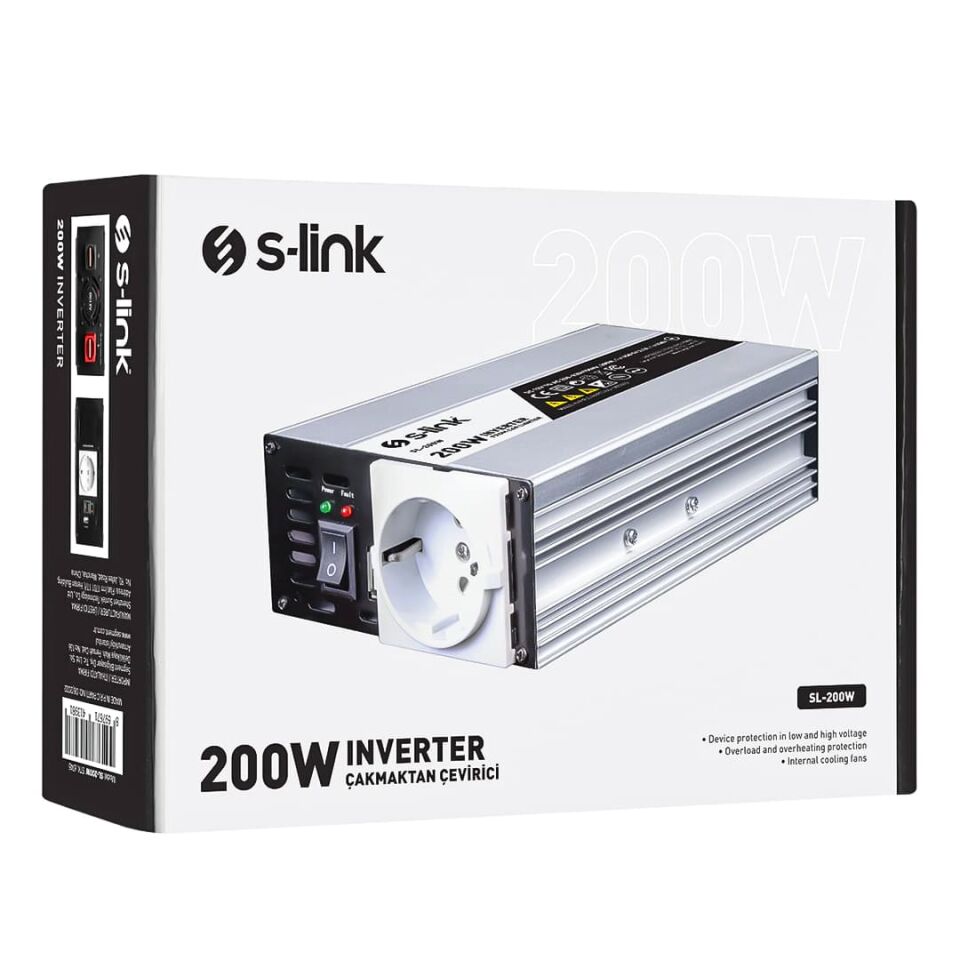 S-Link SL-200W-12 200 Watt DC 12V - AC 230V Anahtarlı Tek USB Portlu Çakmaktan Power Inverter