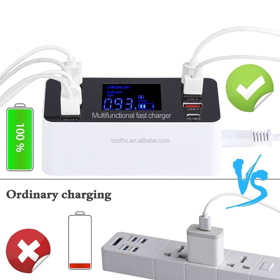 Powermaster PM-26057 8 Portlu LCD Ekranlı Akıllı USB Ve Type-C PD Şarj İstasyonu