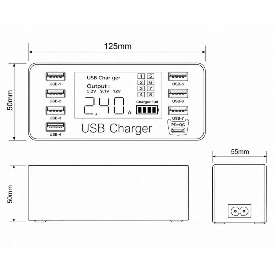 Powermaster PM-26057 8 Portlu LCD Ekranlı Akıllı USB Ve Type-C PD Şarj İstasyonu