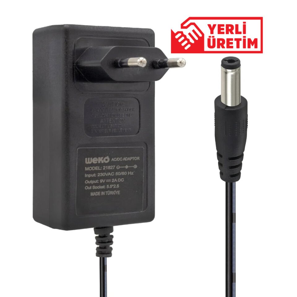 Ayt Weko 9 Volt 2 Amper Priz Tipi Plastik Kasa Adaptör 5.5mm x 2.5mm Uç Kutusuz Yerli Üretim