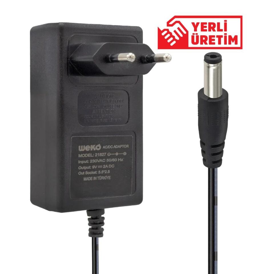 Ayt Weko 9 Volt 2 Amper Priz Tipi Plastik Kasa Adaptör 5.5mm x 2.5mm Uç Kutusuz Yerli Üretim