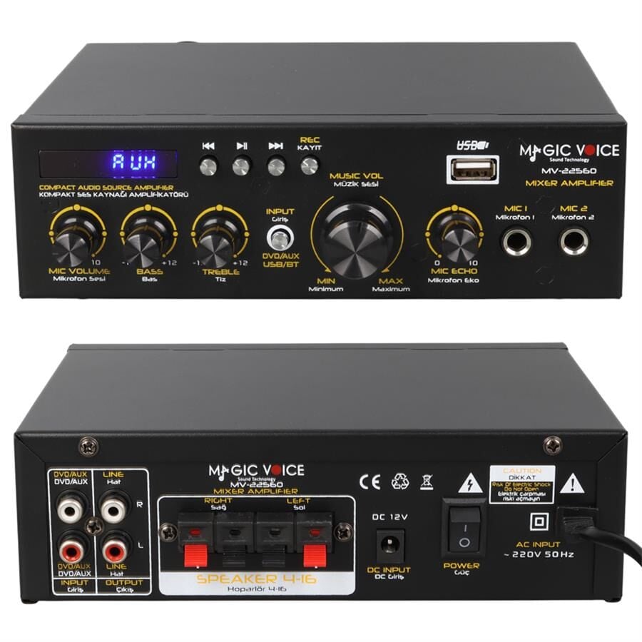Magicvoice Mv-22560 2x20 Watt 4-8 Ohm Usb Sd Kart Girişli Amfi Bluetooth Mikrofon Girişli Trafosuz Mini Anfi Amplifikatör
