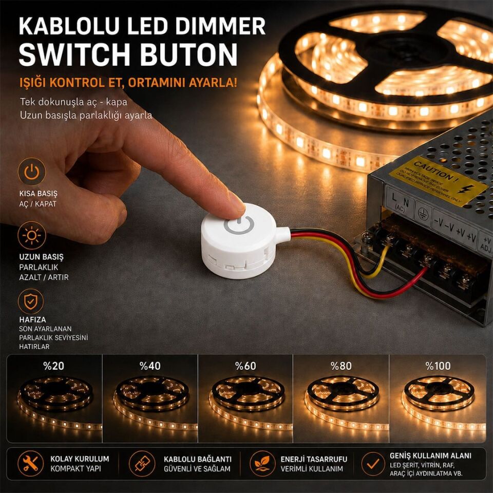 Powermaster PM-30775 5V 13 Mm Kablolu Beyaz LED Dimmer Switch Buton