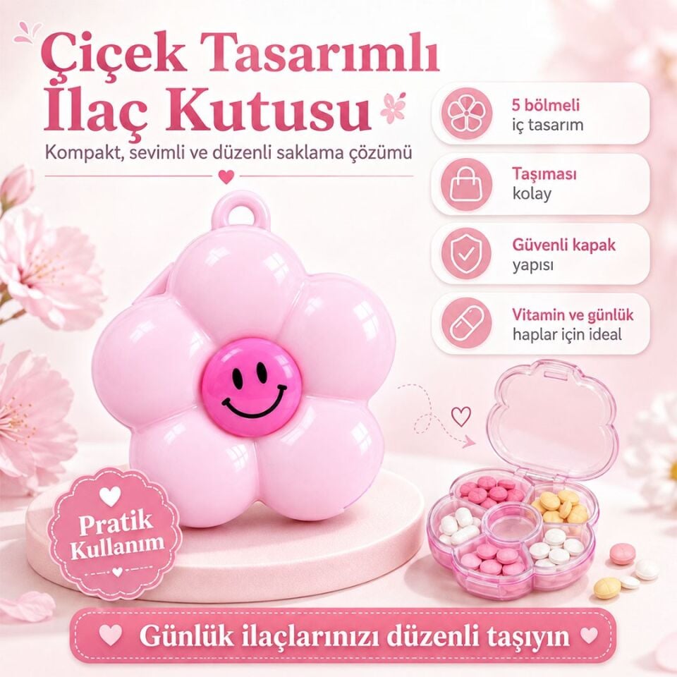 Sunup SN-38886 Hap İlaç Saklama Kutusu 5 Bölmeli Çiçek Tasarımlı Taşınabilir Anahtarlıklı Organizatör