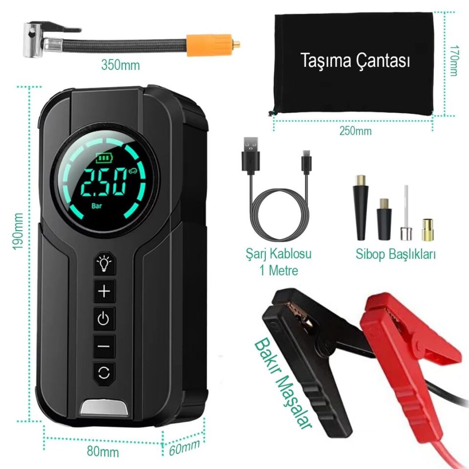 Buwei BW-29879 Powerbank Araç Akü Şarj Lastik Hava Kompresörü Şişirici Taşınabilir Dijital Kablosuz El Feneri