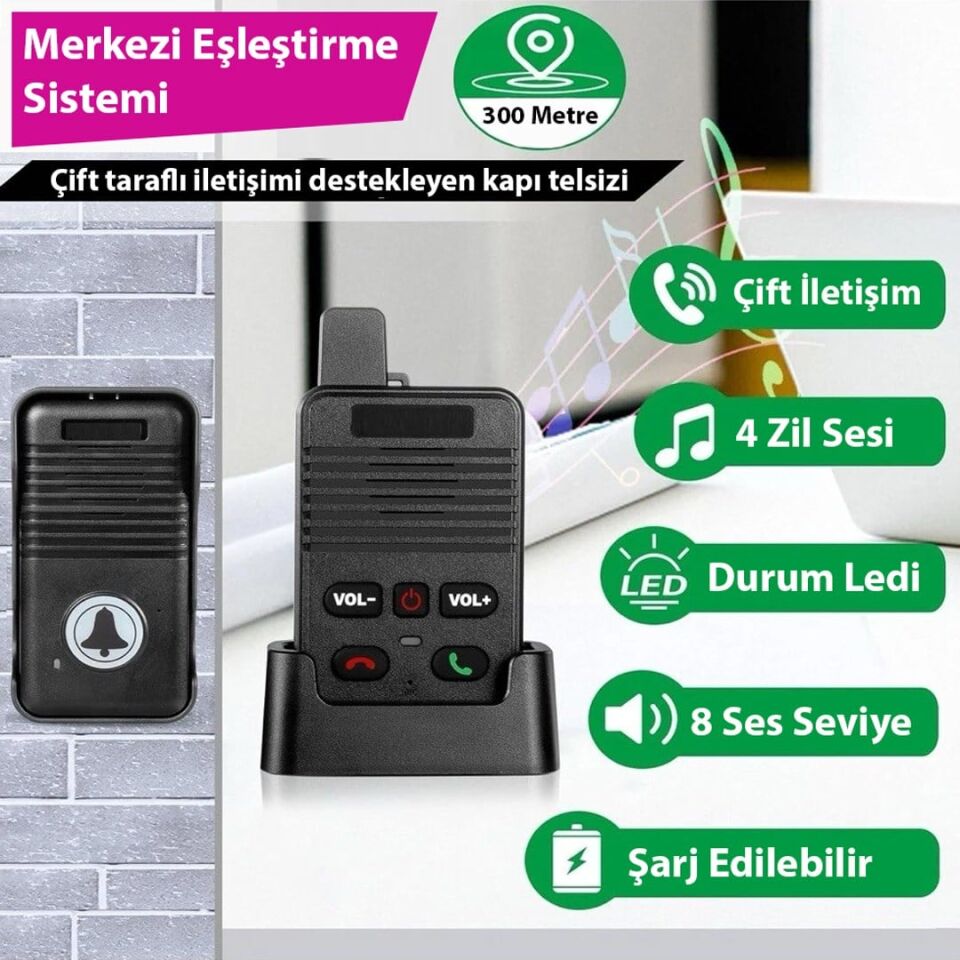 Hello D90 1000Mah Şarjlı Kapalı Devre Telsiz Kapı Zili Ve İnterkom Sistemi Kesintisiz Çift Taraflı Sesli İletişim Telsiz