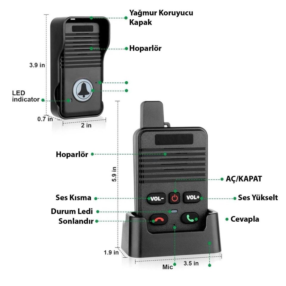 Hello D90 1000Mah Şarjlı Kapalı Devre Telsiz Kapı Zili Ve İnterkom Sistemi Kesintisiz Çift Taraflı Sesli İletişim Telsiz