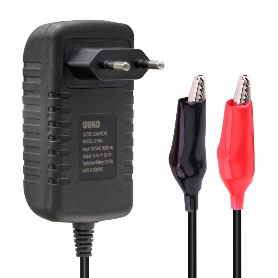 Weko 14.4 Volt 2 Amper Kırmızı Yeşil Ledli Yerli Üretim Krokodil Uçlu Akü Şarj Cihazı Aleti 14.4V-2A