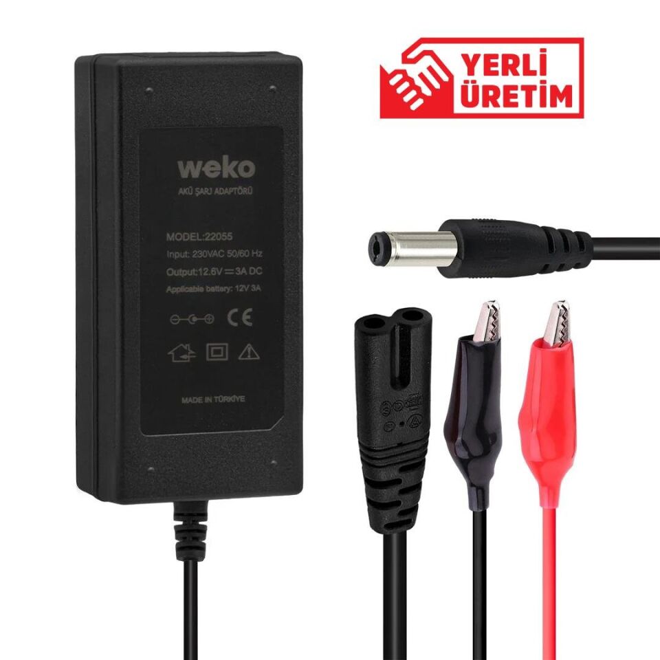 Ayt Weko 12.6 Volt 3 Amper Akü Şarj Cihazı Aleti 5.5 2.5 Uçlu Krokodil Uçlu Ledli Yerli Üretim Masaüstü