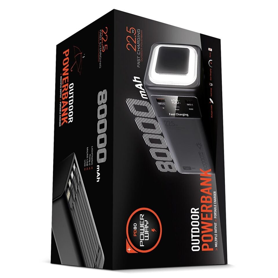 Powerway PD80 80.000Mah 22.5W PD & QC 3.0 Hızlı Şarj Destekli Dijital Göstergeli Powerbank