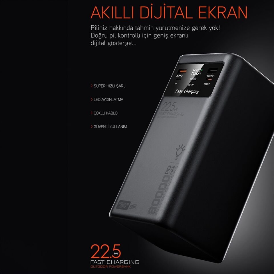 Powerway PD80 80.000Mah 22.5W PD & QC 3.0 Hızlı Şarj Destekli Dijital Göstergeli Powerbank