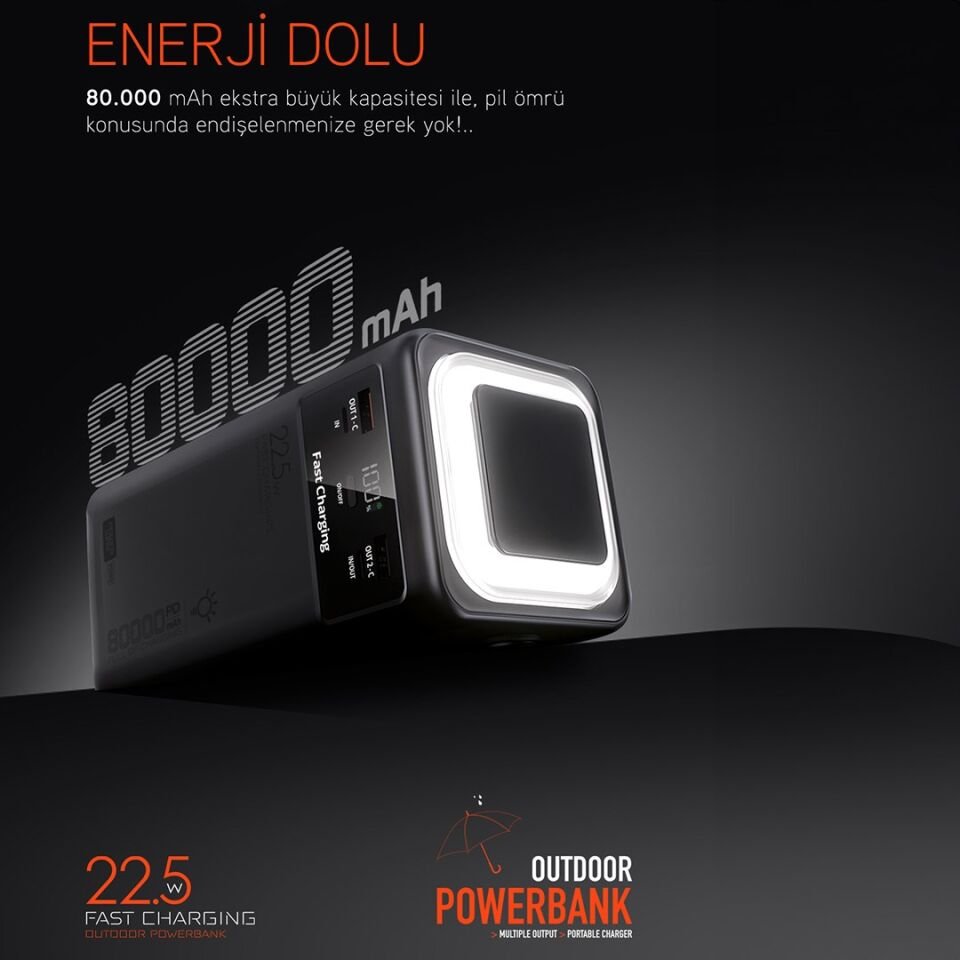 Powerway PD80 80.000Mah 22.5W PD & QC 3.0 Hızlı Şarj Destekli Dijital Göstergeli Powerbank